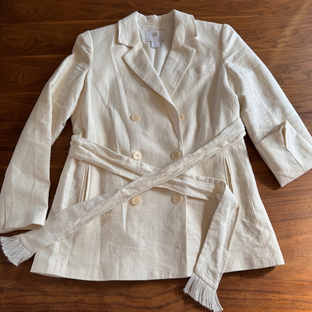 House of Harlow Double Breasted Cream Linen Blend Jacket with Fringed Tie Sz S - Picture 6 of 15